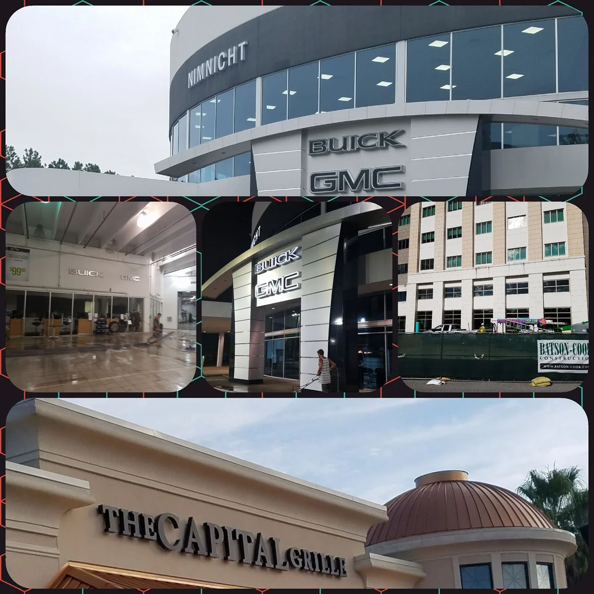 Chuck's original collage of Nimnicht Buick GMC, service-bay cleaning, multi-story work, and The Capital Grille in Jacksonville