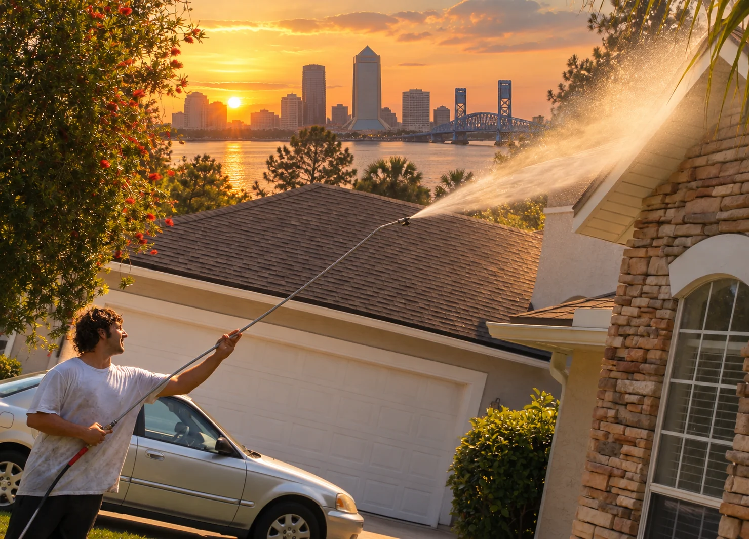 Illustration of roof soft washing at sunset with the Jacksonville skyline and St. Johns River