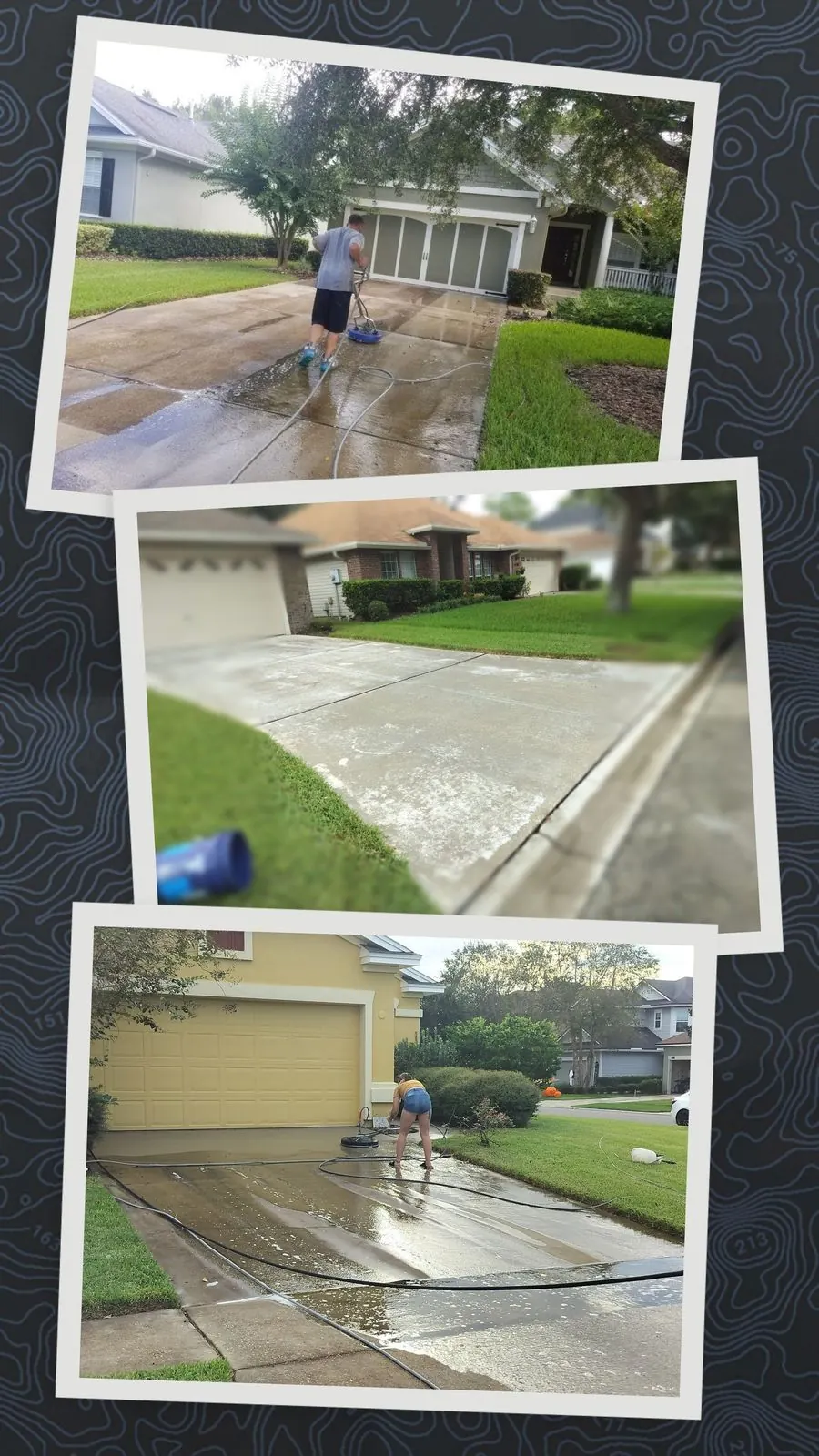 Concrete driveway cleaning shown in a three-photo sequence