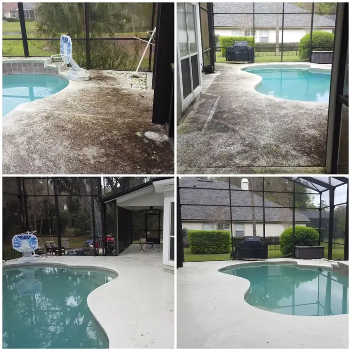 Pool deck before cleaning in the top two photos and after cleaning in the bottom two
