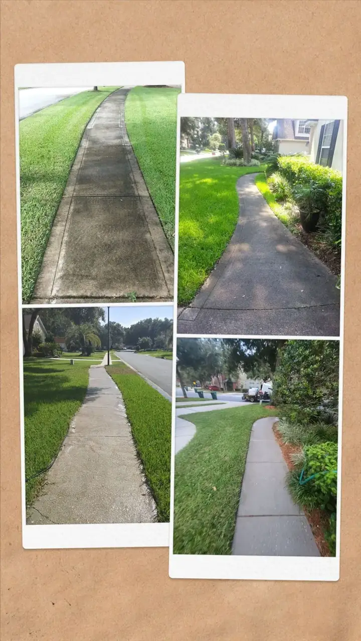 Safe Touch sidewalk cleaning collage showing dark buildup and cleaned concrete