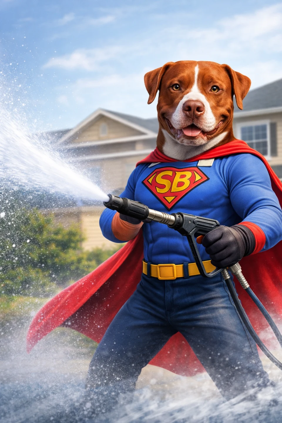 Illustration of Super Buddy in a blue SB suit and red cape holding a pressure-washing wand