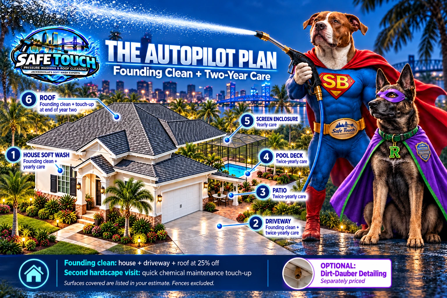 Super Buddy and Ridley guard a home in a continuous outdoor scene, with Buddy's straight water spray above The Autopilot Plan diagram. Six callouts identify house soft wash, driveway, patios, pool deck, screen enclosure and roof, with founding-clean and scheduled-care timing. Dirt-Dauber Detailing is optional and separately priced; fences are excluded.