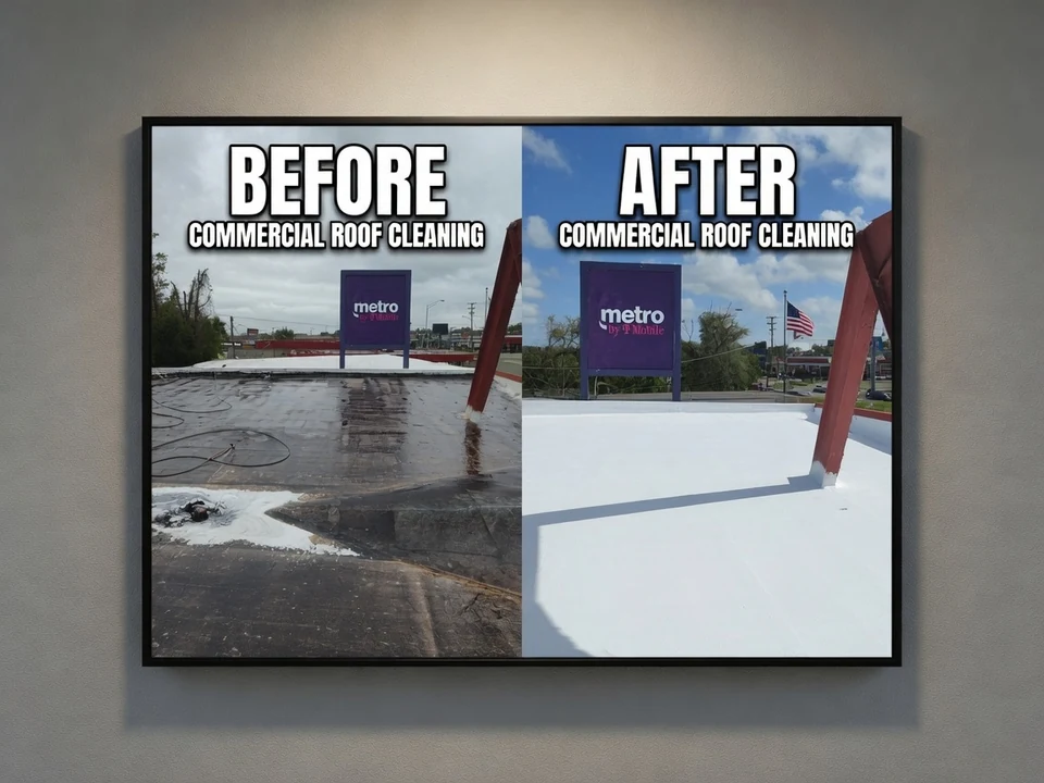 Commercial roof cleaning before-and-after comparison showing a dark roof beside a brighter roof