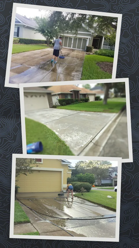 Safe Touch project collage showing surface cleaning on poured concrete driveways