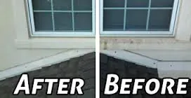Stucco beneath a window after cleaning on the left and before cleaning on the right