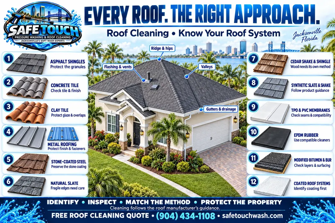 Safe Touch roof-cleaning diagram showing asphalt shingles, concrete tile, clay tile, metal, stone-coated steel, slate, cedar, synthetic roofing, TPO and PVC membranes, EPDM rubber, modified bitumen and built-up roofing, and coated roof systems; ridge, valleys, flashing, vents and drainage are labeled