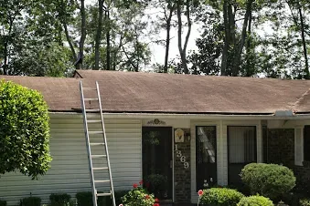 Shingle roof with dark discoloration before cleaning