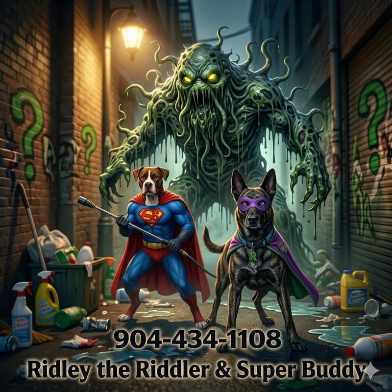 Super Buddy and Ridley in their red and purple capes, illustrated together in a cartoon adventure