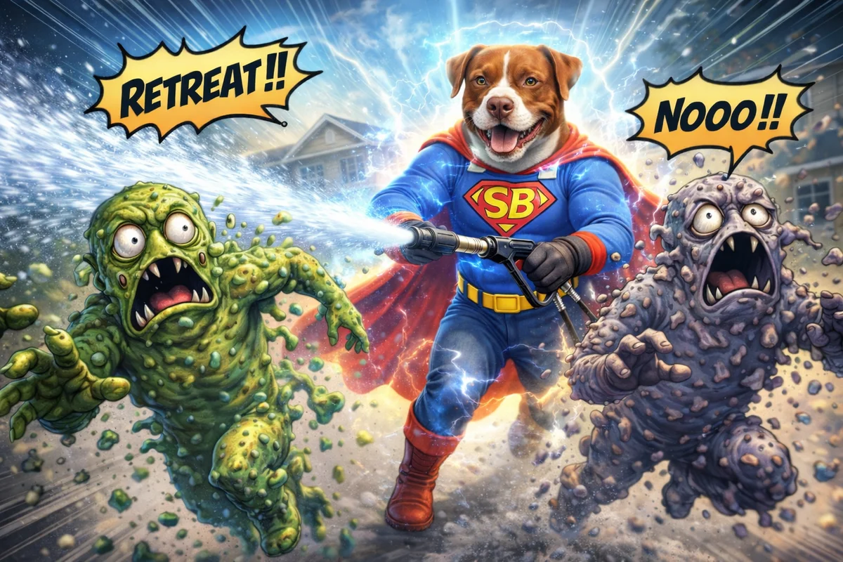Cartoon Super Buddy spraying water as two make-believe grime villains shout Retreat and Nooo