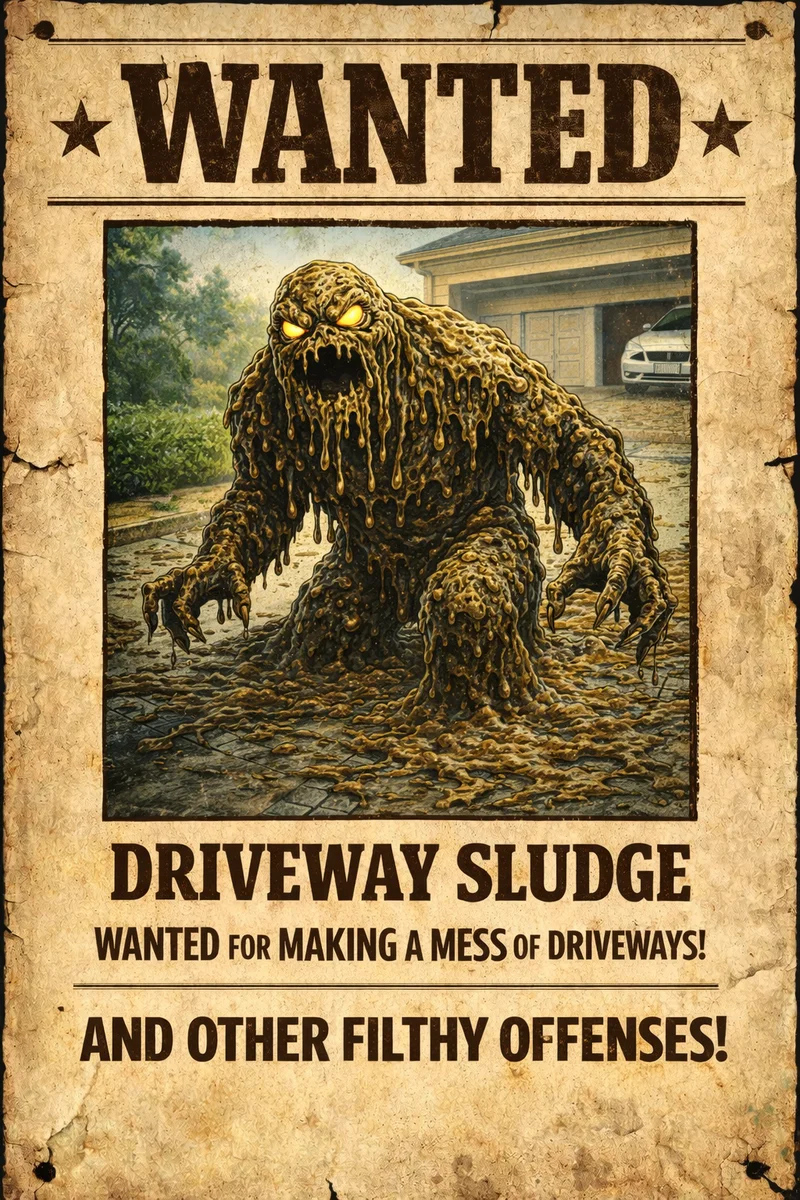 Fictional wanted poster for the cartoon villain Driveway Sludge