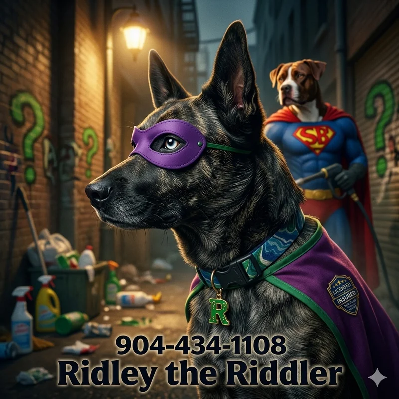 Ridley the Riddler illustrated with a purple mask and cape, with Super Buddy in the background
