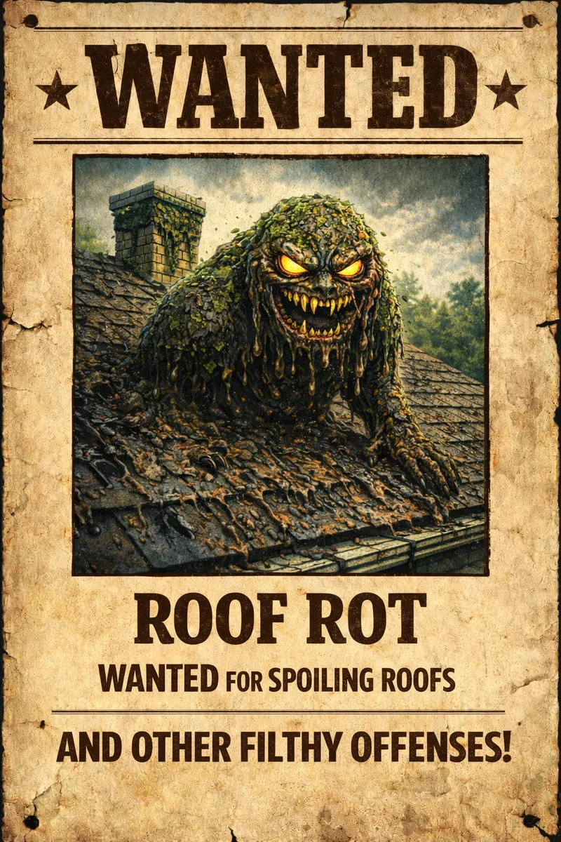 Fictional wanted poster for the cartoon villain Roof Rot